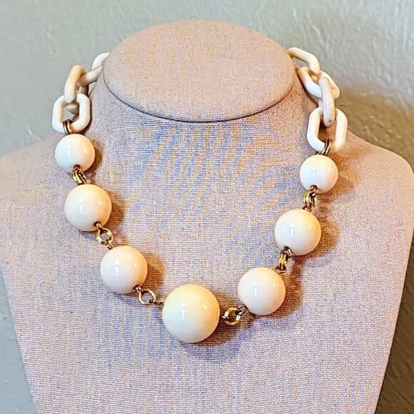 Modern Take on Vintage Cream Bead and Chain Necklace with Gold Tone Chain Links - Picture 1 of 4